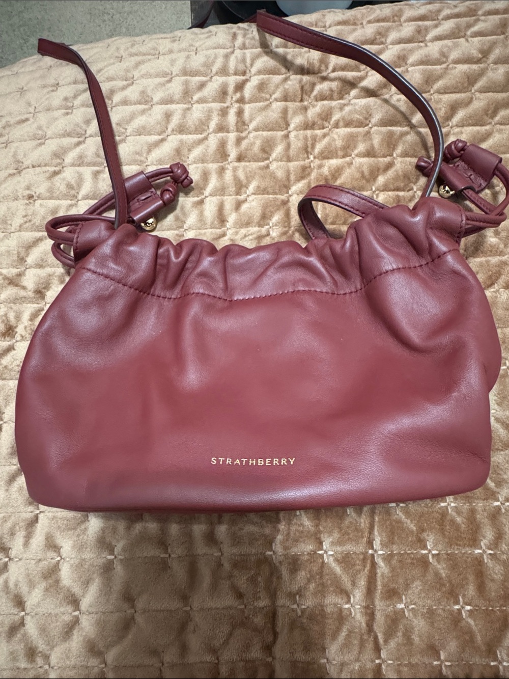 Strathberry Burgundy Drawstring Leather Shoulder Bag